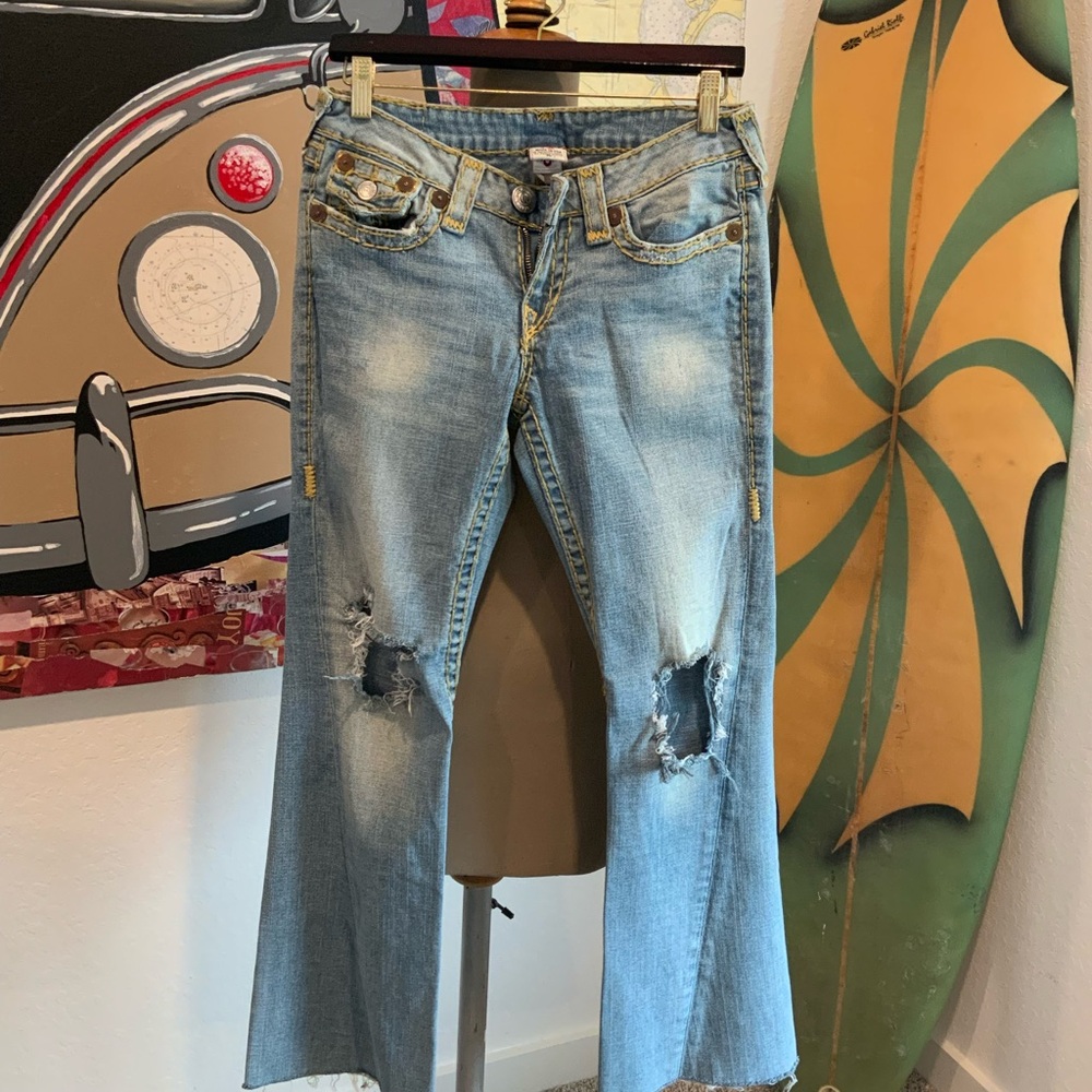 True Religion Light Blue Distressed Flare Jeans